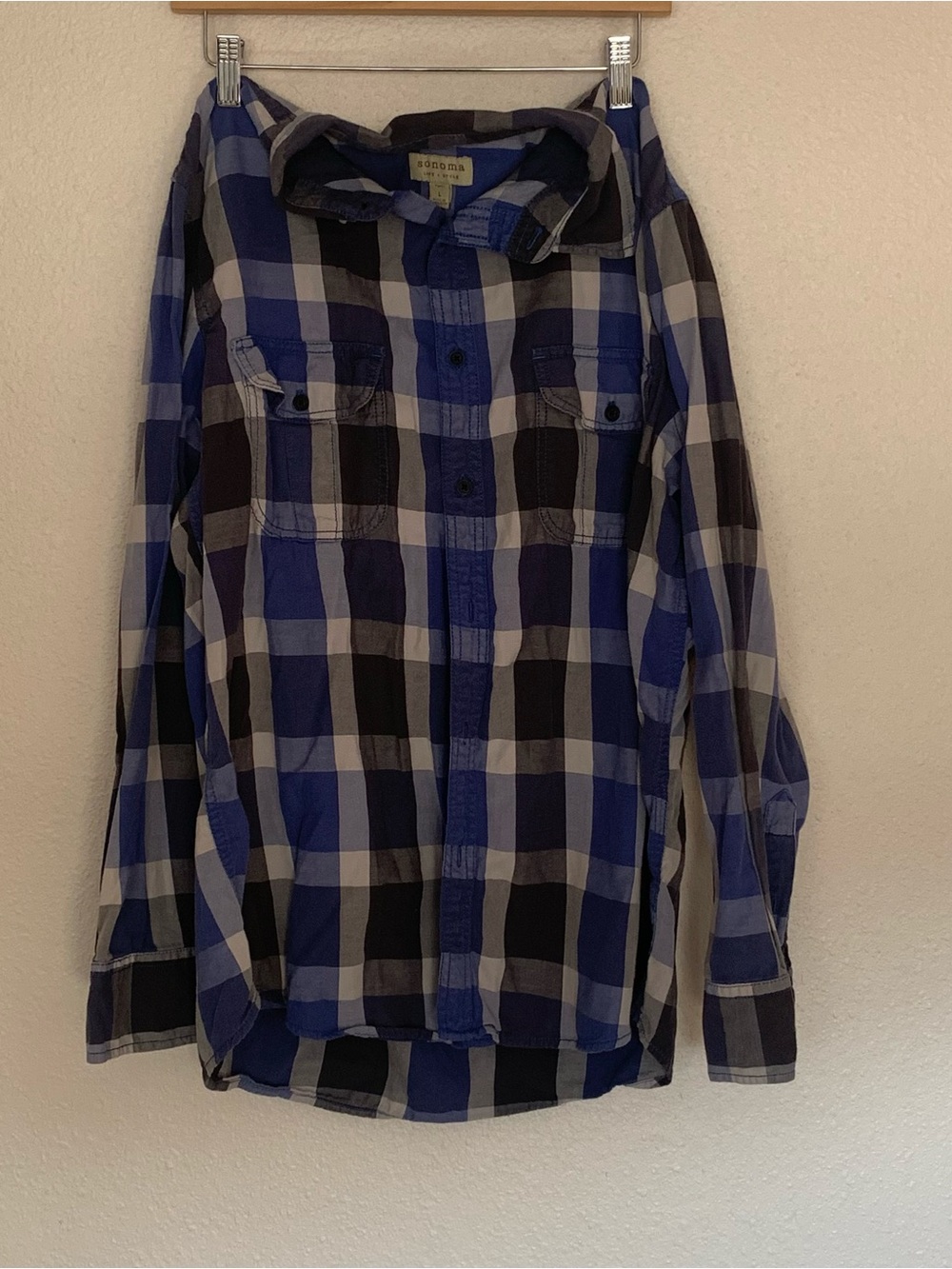 Sonoma Blue and Black Plaid Button-Down Shirt